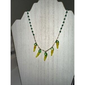 Free People Green And White Glass Beaded‎ Necklace W Corn Charms